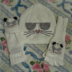 Karl Lagerfeld White Cat Beanie and Gloves Set
